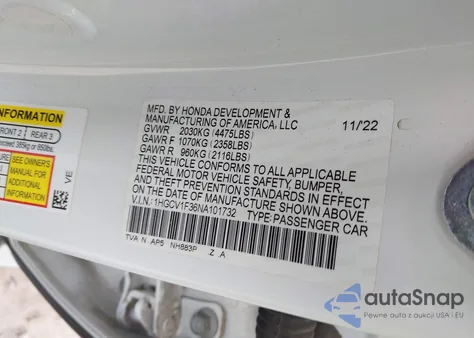 2022 Honda Accord Sport z USA, uszkodzony, nr VIN 1HGCV1F36NA101732